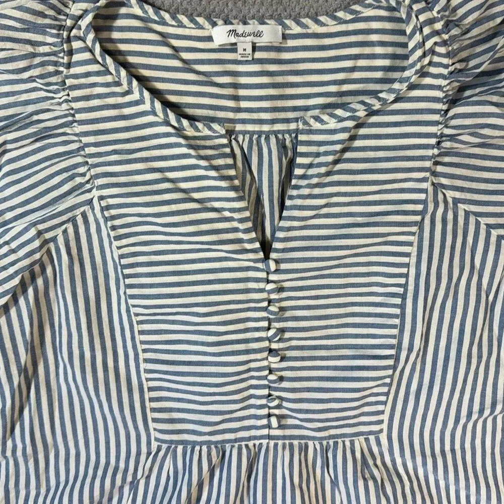 Madewell Courtyard Striped Puff Sleeve Peplum Blouse Medium Blue White Button Fr